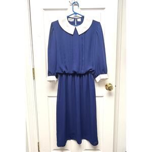 In The Mood Navy Dress White Collar Sheer Sleeves Midi Elastic Waist Size 12
